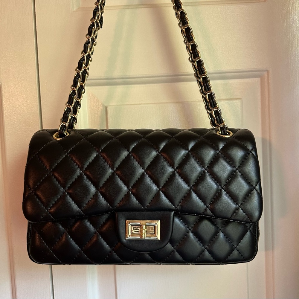 Quilted Leather Flap Bag - Black/Gold